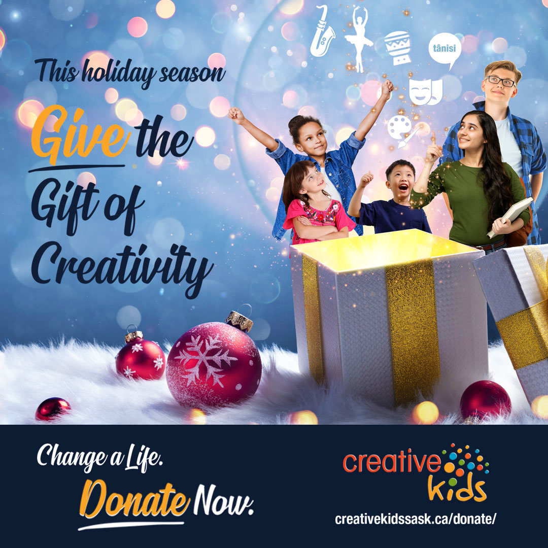 A photo of kids and teens opening a big gift box in a festive background. Text: "This holiday season Give the Gift of Creativity // Change a Life. Donate Now."