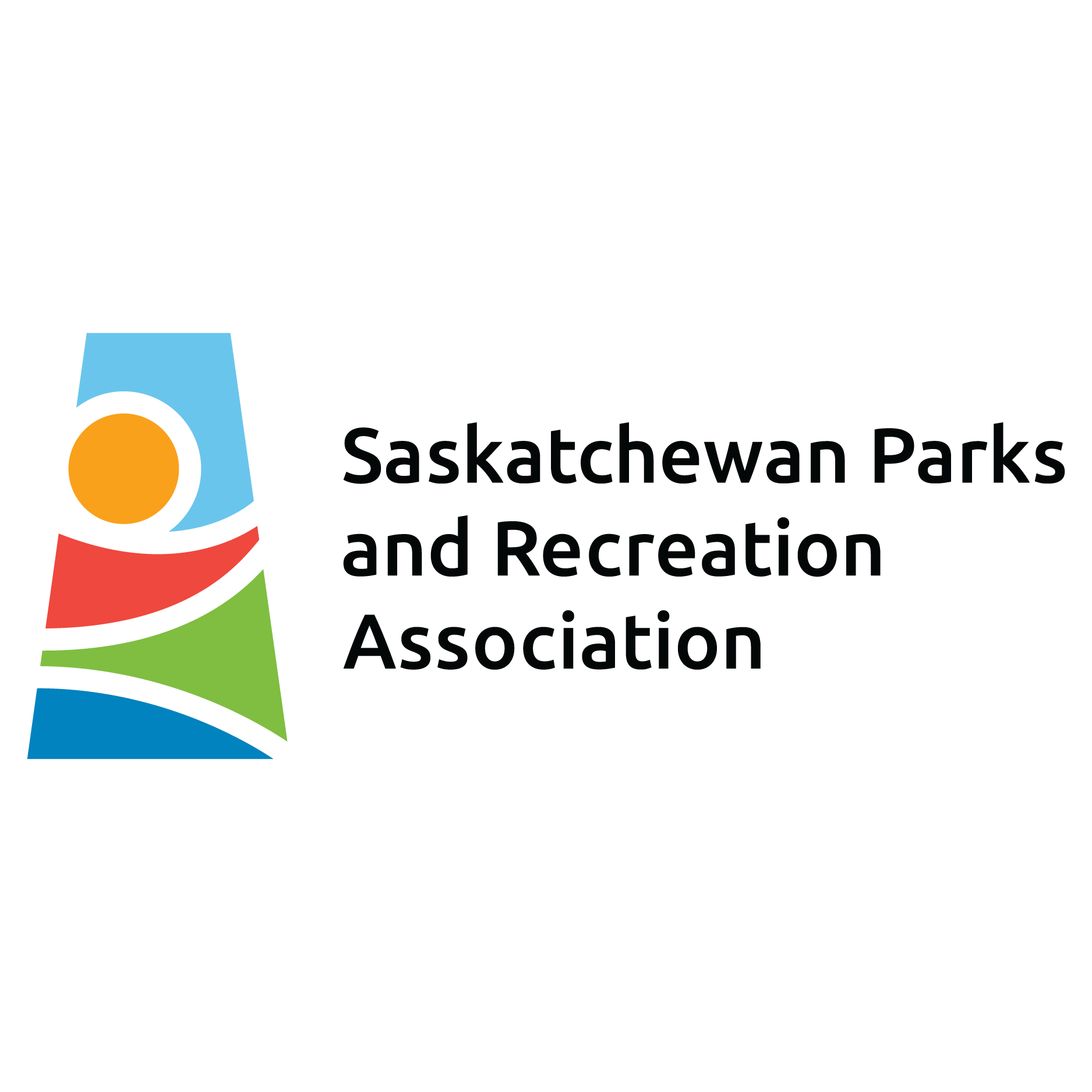The Saskatchewan Parks and Recreation Association logo featuring a shape of the province filled in with various colours and designs.