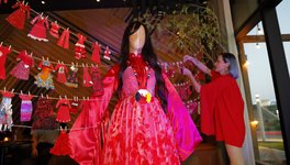 A photo of the Many Red Dresses exhibit, which recognized Murdered and Missing Indigenous Women and Girls, that was part of the Nuit Blanche Saskatoon festival during Culture Days.