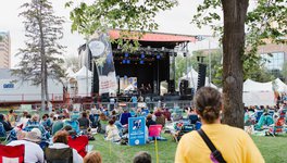 A photo of the crowd gathered on the lawn in front of a big festival stage. A light blue sign in the middle of the lawn advertises a hearing loop.