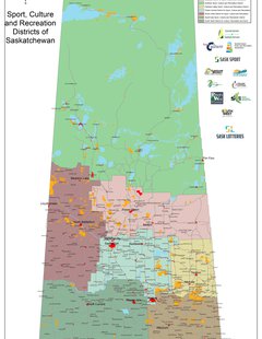 A map of the province of Saskatchewan highlighting the various Sports, Culture and Recreation Districts.
