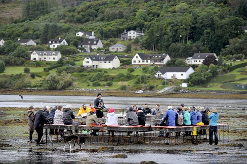 A group of people gather around tables set on a tidal shoreline while a guide speaks at the center. Across the water, a small village and forested hillside create a scenic backdrop.