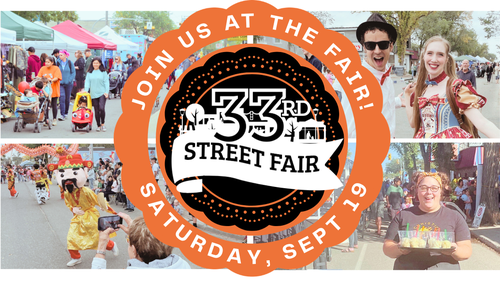4 images from the 33rd Street Fair with the fair's logo in the middle. clockwise, Street performers, woman carrying a tray of sorbet, woman taking photo of dragon dance, and person pushing a stroller in the vendor market.