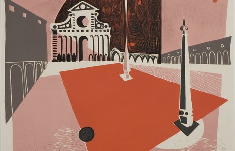 A stylized architectural scene depicts a large plaza framed by arcaded buildings and obelisks. Rendered in pink, red, black, and white, the composition uses bold geometric shapes and graphic contrasts to create a dreamlike cityscape.
