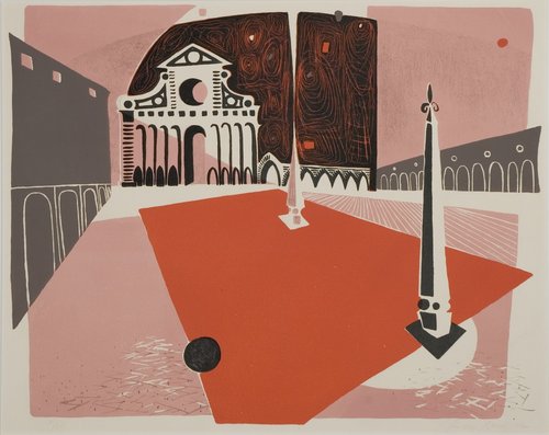 A stylized architectural scene depicts a large plaza framed by arcaded buildings and obelisks. Rendered in pink, red, black, and white, the composition uses bold geometric shapes and graphic contrasts to create a dreamlike cityscape.