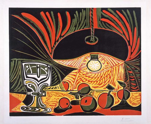 Pablo Picasso, Nature morte au verre sous la lampe, 1962, linocut printed in colours, 53 x 64.1 cm. Collection of Remai Modern. Gift of the Frank and Ellen Remai Foundation 2012. © Succession Picasso / CARCC 2026