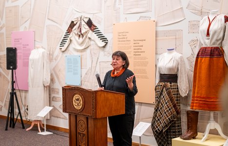 Photo of Natalka Chomiak giving a speech during the Opening Reception for Folk Imaginaries Exhibition