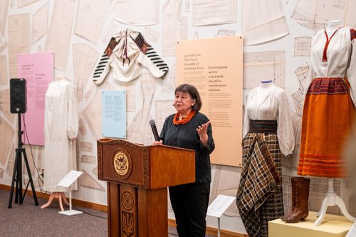 Photo of Natalka Chomiak giving a speech during the Opening Reception for Folk Imaginaries Exhibition
