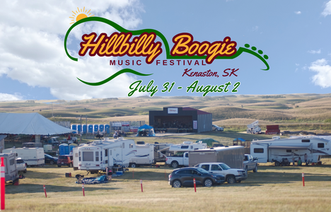 Poster for the event with a photo of a campers and vehicles in a valley.