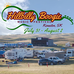 Poster for the event with a photo of a campers and vehicles in a valley.