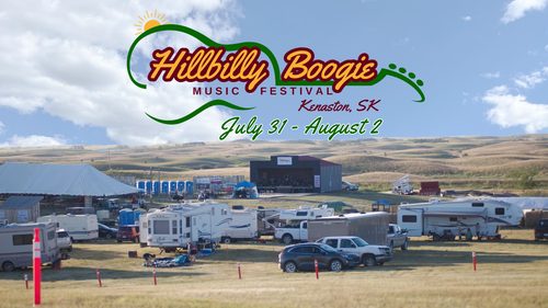 Poster for the event with a photo of a campers and vehicles in a valley.