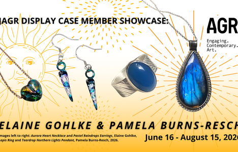 Four jewellery items are shown on a yellow background with suns Left to right: an irridescent glass heart necklace a pair of drop shaped silver earrings with cool colours a silver ring with a large blue stone a stone teardrop necklace with a flashy stone