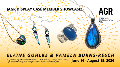 Four jewellery items are shown on a yellow background with suns Left to right: an irridescent glass heart necklace a pair of drop shaped silver earrings with cool colours a silver ring with a large blue stone a stone teardrop necklace with a flashy stone