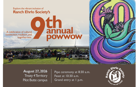 Poster for the event with a picture of a group of people attending a powwow.