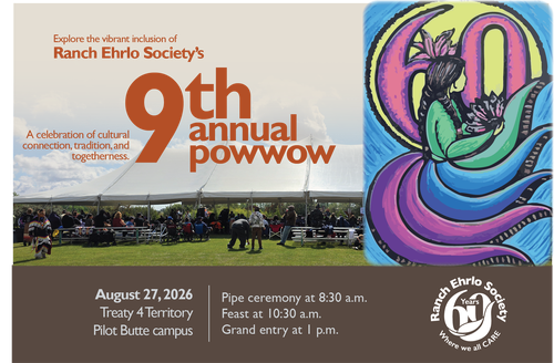 Poster for the event with a picture of a group of people attending a powwow.