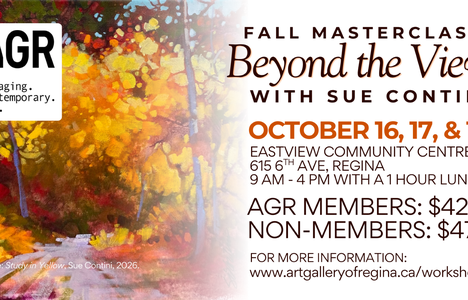 Poster for the event with an image of an expressionistic landscape painting of a path through an autumnal forest.