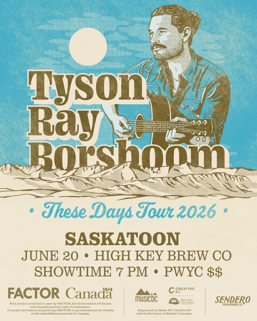 Poster for the event with a country folk image, mountains, text details, supported by factor and music bc