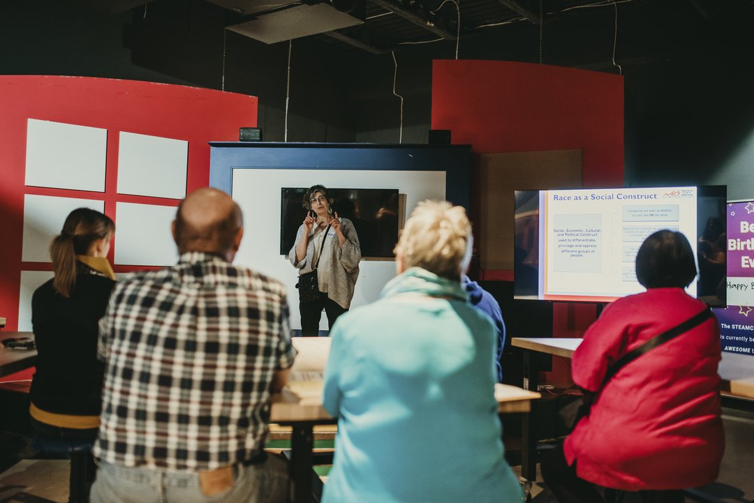 MCoS executive director Rhonda Rosenberg teaching at an anti-racism event.
