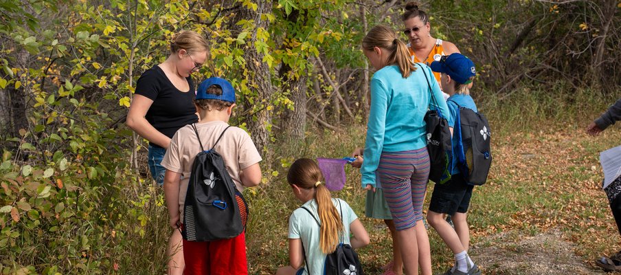 Group of children and volunteers looking at a page on the ground during a nature walk.