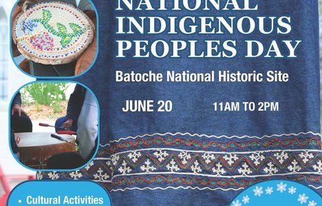 poster for event with a photo of a ribbon skirt, Donny Parenteau, beading and beating a traditional drum.