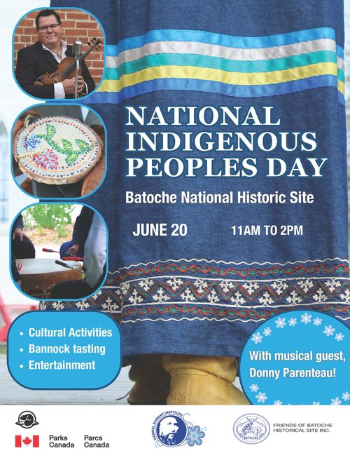 poster for event with a photo of a ribbon skirt, Donny Parenteau, beading and beating a traditional drum.