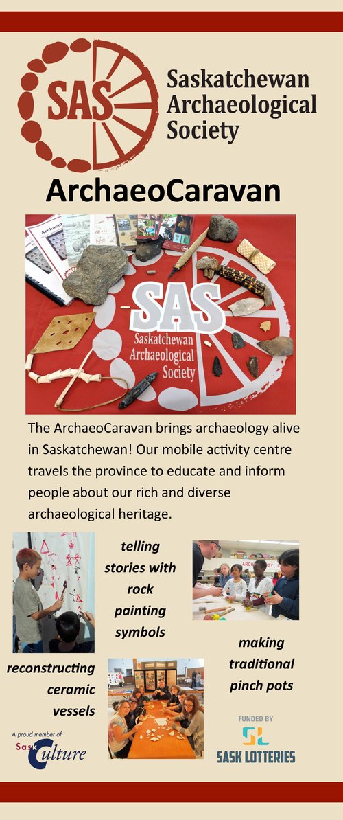A header image of artifacts commonly found in Saskatchewan archaeological sites, three photos of children taking part in activities such as rock painting, ceramic reconstruction, and pottery making.