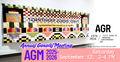 The image shows a large, wall-hung quilt with many geometric patters and colours. The text on it says, Have you ever seen two dogs fighting? That is a form of intimacy. It is a work by artist Richard Boulet.