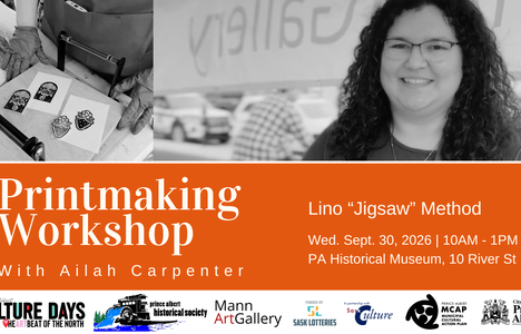 Promotional graphic for a Printmaking Workshop with Ailah Carpenter, featuring images of printmaking and the instructor. The workshop focuses on the Lino "Jigsaw" Method and takes place on Wednesday, September 30,2026, from 10 a.m. to 1 p.m.