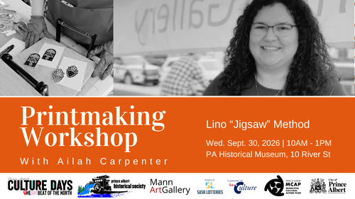 Promotional graphic for a Printmaking Workshop with Ailah Carpenter, featuring images of printmaking and the instructor. The workshop focuses on the Lino "Jigsaw" Method and takes place on Wednesday, September 30,2026, from 10 a.m. to 1 p.m.