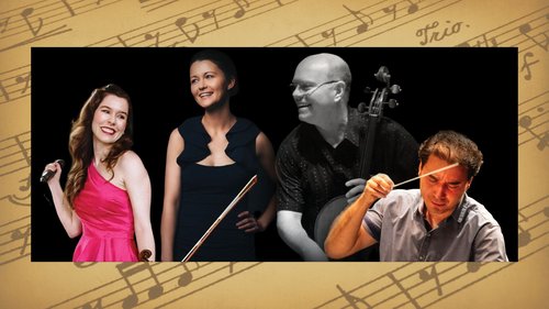 Image of three musicians and a conductor.