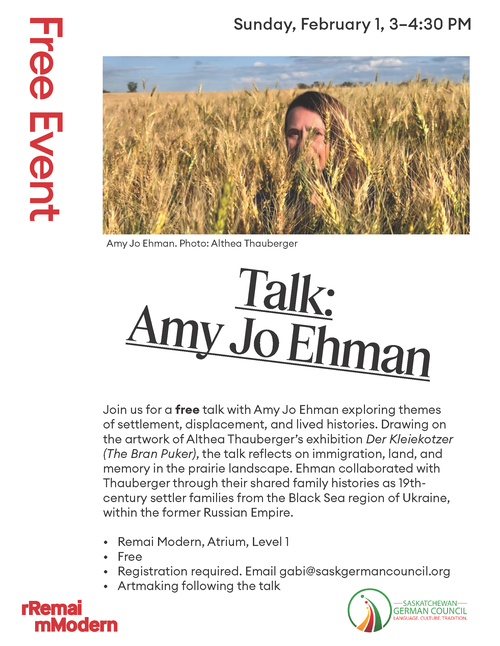 Talk & Artmaking poster with the description of the event with a photo of a lady crouched down in a field of wheat