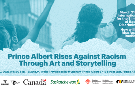 Poster for event with list of sponsors and a image of people raising their arms and against racism.