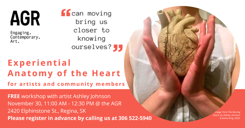 In a circular image, a pair of hands holds a ceramic heart in front of the chest