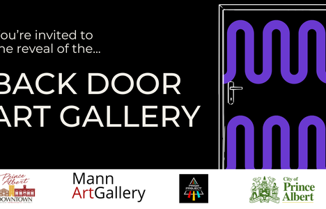 Poster for event with a picture of a black door with purple squiggles over it.