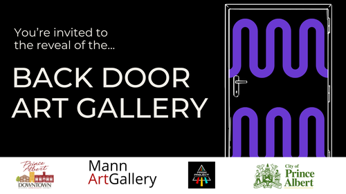 Poster for event with a picture of a black door with purple squiggles over it.