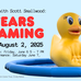 In the image is a huge, inflated yellow duck chair that looks like a giant rubber ducky beach toy.