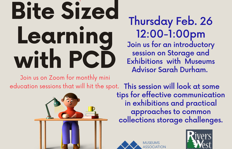 Poster for event with logos from Museums Association of Sask, Rivers West District and Prairie Central District with a graphic of a person working at a desk.