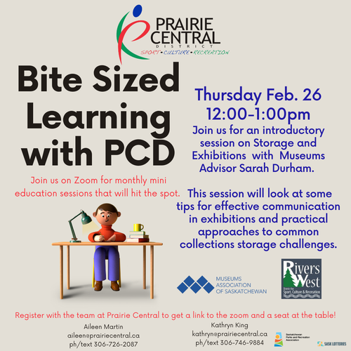 Poster for event with logos from Museums Association of Sask, Rivers West District and Prairie Central District with a graphic of a person working at a desk.
