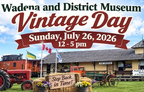 Photo for event with a photo of the museum, a vintage tractor and train car.