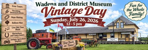 Photo for event with a photo of the museum, a vintage tractor and train car.