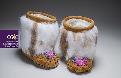 Marcy Friesen, Children's Mukluks, cow hide, seed beads, rabbit fur, sherpa liner, 2020, 15.20 x 8.90 x 14.00 cm each. Photographed by Don Hall