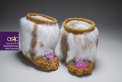 Marcy Friesen, Children's Mukluks, cow hide, seed beads, rabbit fur, sherpa liner, 2020, 15.20 x 8.90 x 14.00 cm each. Photographed by Don Hall