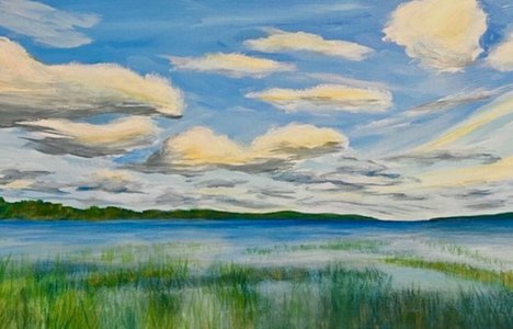 Landscape painting of sky and water, titled One Fine Day, by Celese Dumonceaux Delahey.