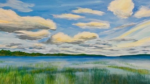 Landscape painting of sky and water, titled One Fine Day, by Celese Dumonceaux Delahey.