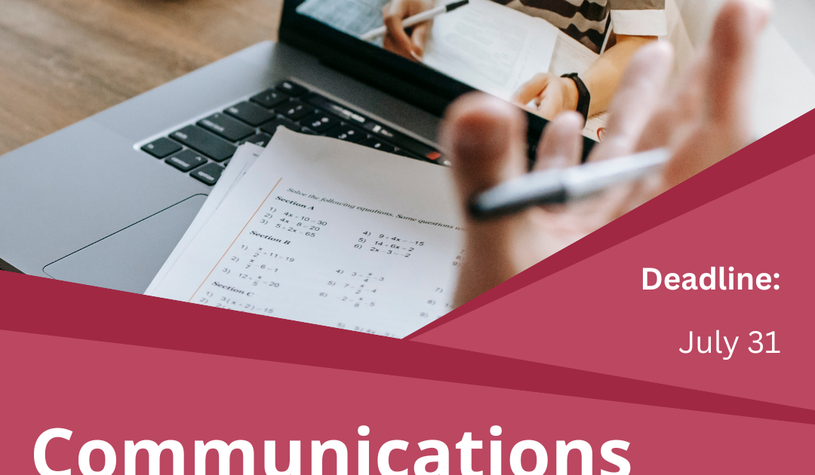 Communications Mentorship Program poster with a photo of someone talking on a zoom call and taking notes. and the deadline of July 31.
