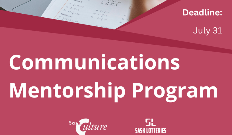 Communications Mentorship Program poster with a photo of someone talking on a zoom call and taking notes. and the deadline of July 31.