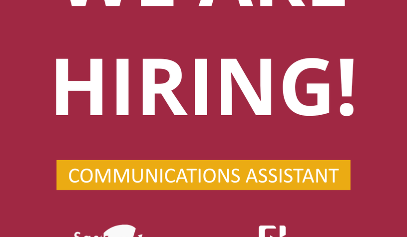 Photo of words "We are Hiring: Communications Assistant" with the SaskCulture and Sask Lotteries Logos.