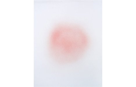 A pale pink, cloud-like form softly radiates from the centre of a white background. The edges are diffuse and hazy, creating a subtle sense of light, atmosphere, and suspended motion.
