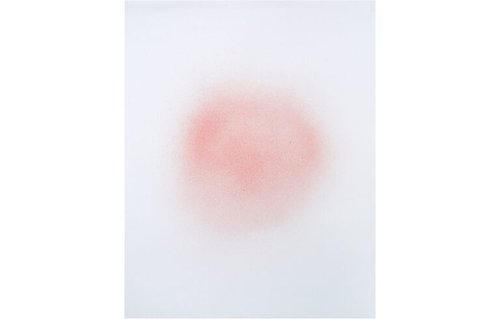 A pale pink, cloud-like form softly radiates from the centre of a white background. The edges are diffuse and hazy, creating a subtle sense of light, atmosphere, and suspended motion.