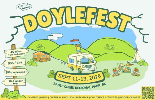 An image of the Doylefest Poster with the details September 11th to 13 2026. Eagle Creak Regional Park, SK.